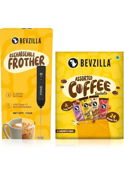 Bevzilla 24 Flavoured Coffee Sachets & Rechargeable Frother With Type-C Fast Charging Instant Coffee&nbsp;&nbsp;(48 G, Assorted Flavoured)