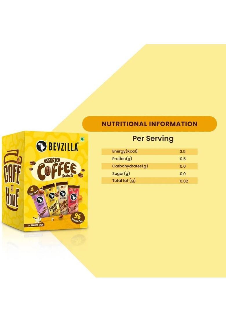 Bevzilla 192 Instant Coffee Sachets |48 Sachets Each Flavor Instant Coffee (192 X 2 G, Assorted Flavoured)