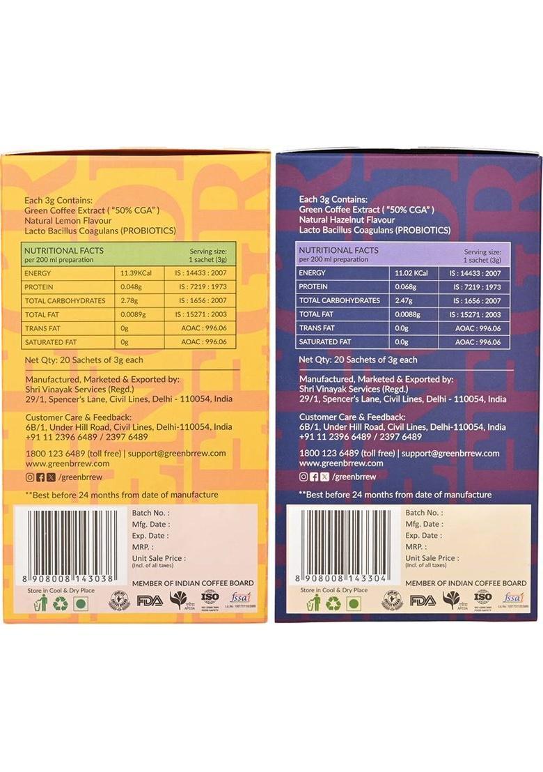 Greenbrrew Lemon Green + Hazelnut Green | 100% Unroasted Coffee | 20 Sachets Each Instant Coffee (2 X 60 G)