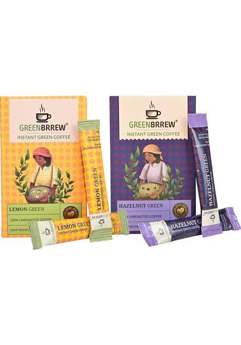 Greenbrrew Lemon Green + Hazelnut Green | 100% Unroasted Coffee | 20 Sachets Each Instant Coffee (2 X 60 G)