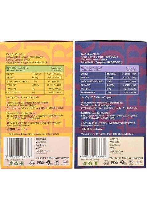 Greenbrrew Lemon Green + Hazelnut Green | 100% Unroasted Coffee | 20 Sachets Each Instant Coffee (2 X 60 G)
