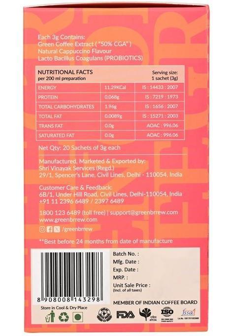 Greenbrrew Green Coffee Beverage Mix, Cappuccino Original Instant Coffee (60 G, Green Coffee Flavoured)