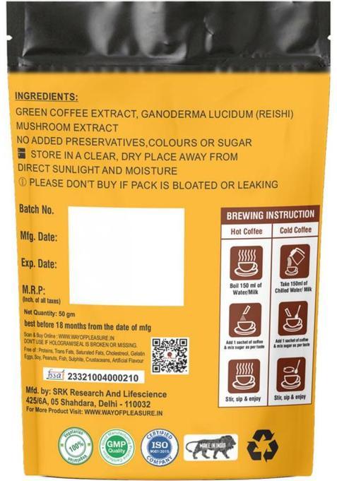 Way Of Pleasure Reishi Mushroom Coffee Premix | Zero Caffeine | Healthy Sleep & Anti Stress Instant Coffee (50 G, Green Coffee Flavoured)