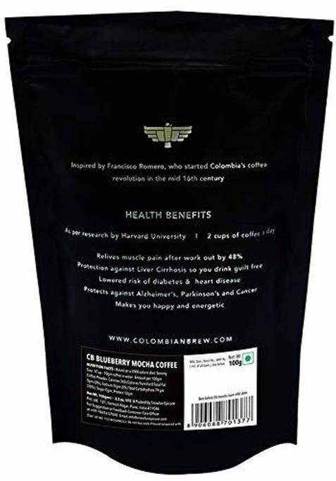 Colombian Brew Blueberry Chocolate Mocha Instant Coffee Powder, No Sugar Vegan | 100G | Pack Of 1 Roast & Ground Coffee (100 G, Chocolate Flavoured)