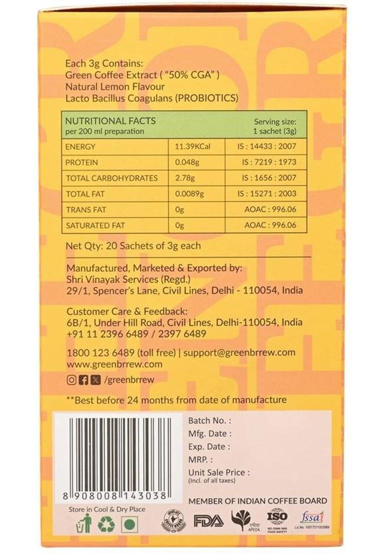 Greenbrrew Lemon Green | 100% Unroasted Coffee | 20 Sachets Each Instant Coffee (5 X 60 G)