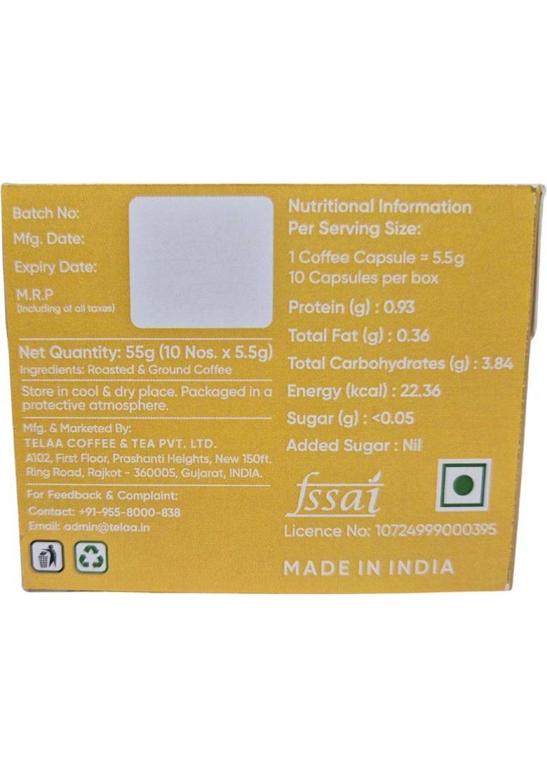 Telaa Coffee & Tea Aluminium Coffee Capsules| |100% Arabica | Mellowforge,Intensity-6| Roast & Ground Coffee (55 G, Chocolate Flavoured)