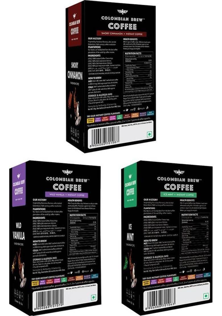 Colombian Brew Mint Instant 50G, Vanilla Instant 50G , Cinnamon Instant 50G, Buy 2 Get 1 Instant Coffee (3 X 50 G, Vanilla, Cinnamon, Spices Flavoured)