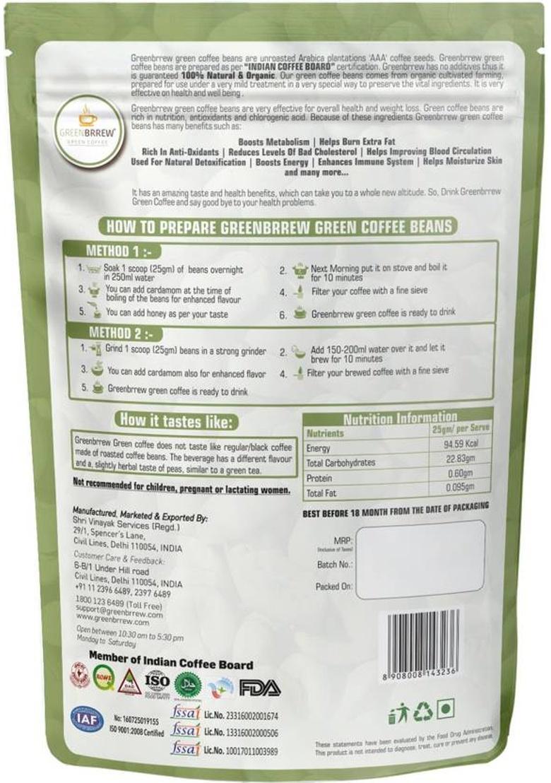 Greenbrrew Organic Green Coffee Beans For Weight Loss (Pack Of 2), Instant Coffee (2 X 200 G, Green Coffee Flavoured)