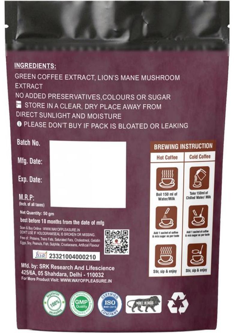 Way Of Pleasure Lion'S Mane Mushroom Coffee Premix | Zero Caffeine| Improve Brain Health & Focus Instant Coffee (45 G, Green Coffee Flavoured)