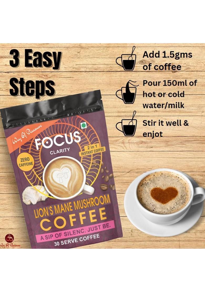 Way Of Pleasure Lion'S Mane Mushroom Coffee Premix | Zero Caffeine| Improve Brain Health & Focus Instant Coffee (45 G, Green Coffee Flavoured)