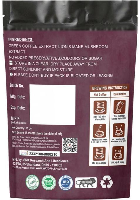 Way Of Pleasure Lion'S Mane Mushroom Coffee Premix | Zero Caffeine| Improve Brain Health & Focus Instant Coffee (45 G, Green Coffee Flavoured)