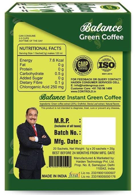 Balance Green Coffee Premixed With Stevia 80 Ready Premixed Sachets Instant Coffee (4 X 20 G, Green Coffee Flavoured)