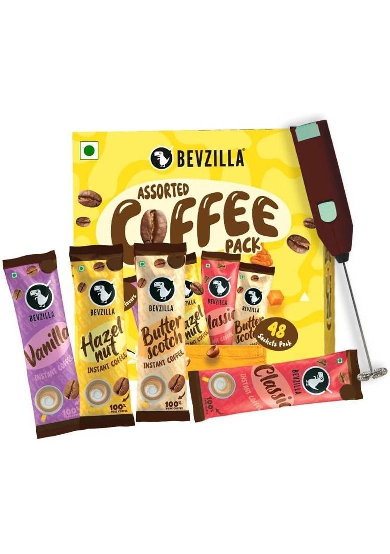 Bevzilla Instant Coffee Powder-48 Coffee Sachets & Frother|Café Coffee Kit| Instant Coffee (48 X 2 G, Vanilla, Unflavoured, Butterscotch, Hazelnut Flavoured)