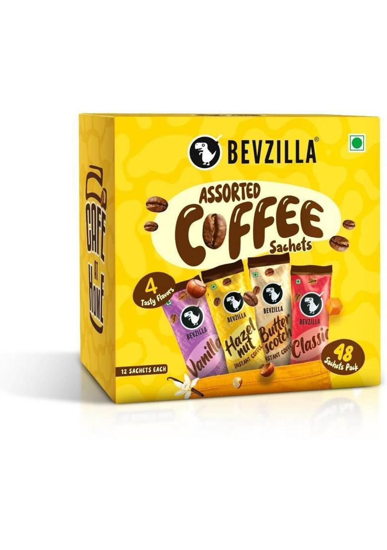 Bevzilla Instant Coffee Powder-48 Coffee Sachets & Frother|Café Coffee Kit| Instant Coffee (48 X 2 G, Vanilla, Unflavoured, Butterscotch, Hazelnut Flavoured)