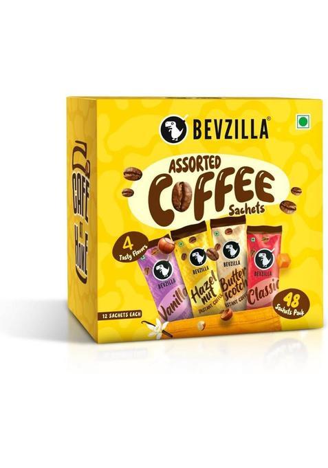Bevzilla Instant Coffee Powder-48 Coffee Sachets & Frother|Café Coffee Kit| Instant Coffee (48 X 2 G, Vanilla, Unflavoured, Butterscotch, Hazelnut Flavoured)