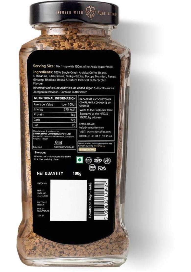 Rage Coffee 100 Gms Butterscotch Delight Flavour - Premium Arabica Instant Coffee , Boldest, Smoothest, Tastiest, All Natural Coffee Instant Coffee&nbsp;&nbsp;(100 G) - Indya