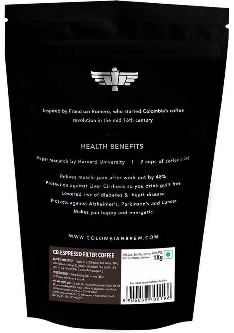 Colombian Brew Arabica Espresso Filter Coffee Powder, Roast & Ground Strong Roast & Ground Coffee (1000 G)