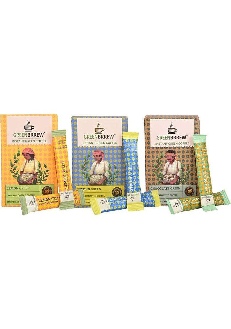 Greenbrrew Strong Green + Lemon Green + Chocolate Green | 20 Sachets Each Instant Coffee&nbsp;&nbsp;(3 X 60 G) - Indya