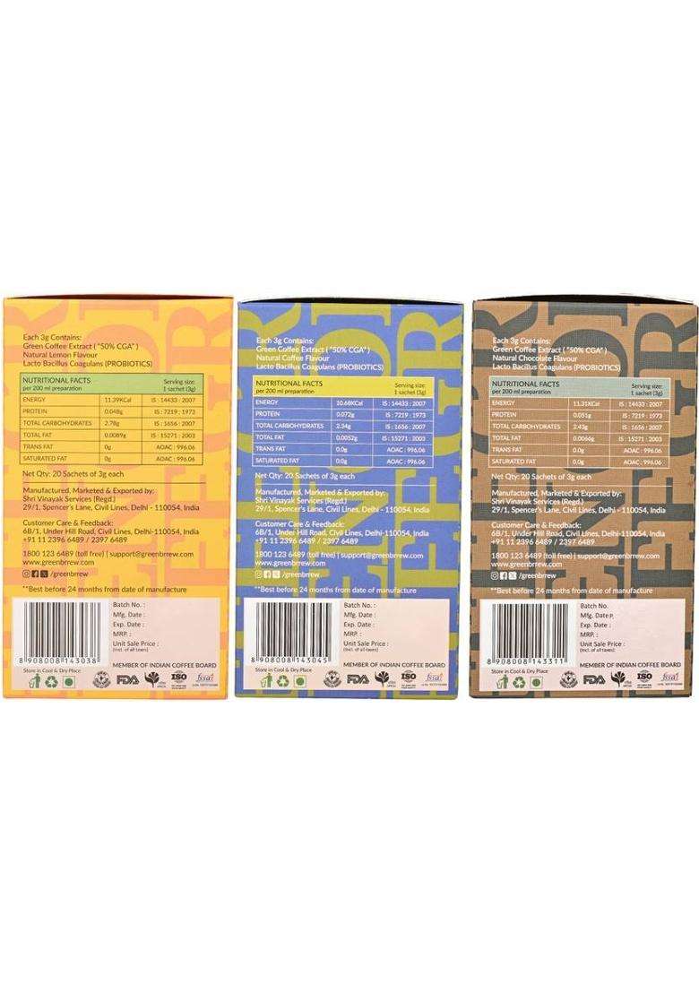 Greenbrrew Strong Green + Lemon Green + Chocolate Green | 20 Sachets Each Instant Coffee&nbsp;&nbsp;(3 X 60 G) - Indya