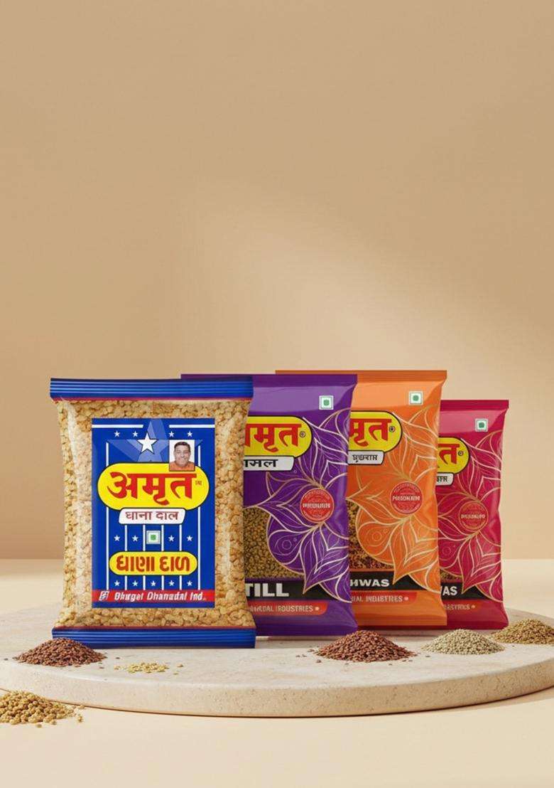 Amrut Combo Of Dhanadal + Till + Alsi + Dal Mukhwas (Pack Of 4) Salty Coriander Seeds/Digestive Crunchy And Tasty Mouth Freshener&nbsp;&nbsp;(4 X 200 G) - Indya