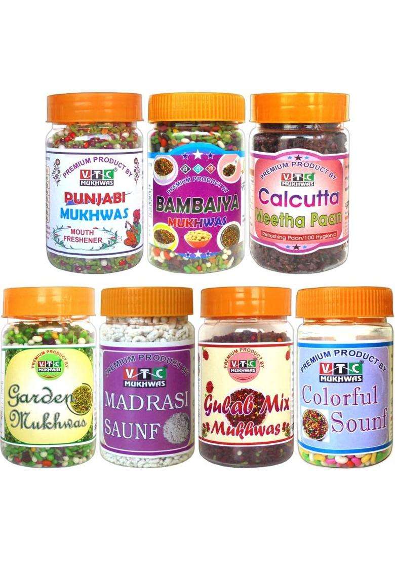 Vtc 7 Mukhwas, Punjabi, Bambaiya, Paan, Gardan, Madrasi, Gulab & Tini Mini Saunf, Mint Mouth Freshener&nbsp;&nbsp;(7 X 100 G) - Indya