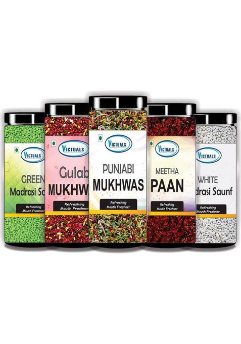 Victuals Combo Pack Of Mukhwas | Calcutta Gulab Mukhwas, Punjabi Mukhwas, Meetha Paan, White Madrasi Saunf, Green Madrasi Saunf Mouth Freshener (5 X 100 G)