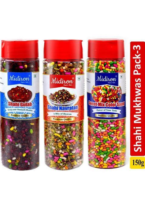 Midiron Mukhwas, Colorful Saunf, Shahi Gulab & Shahi Navratan Mukhwas (150 Gm Each) (Pack 3) Mint, Gulab Mouth Freshener&nbsp;&nbsp;(3 X 150 G)