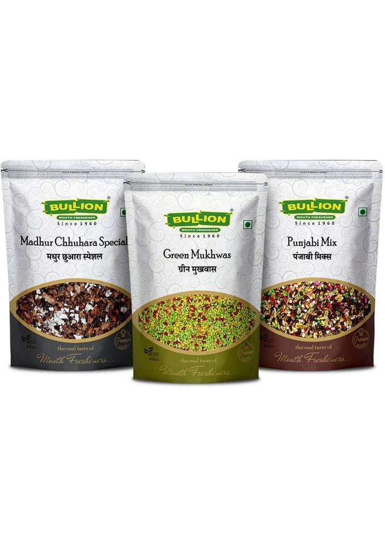 Bullion Premium Mukhwas Combo – Green, Punjabi Mix & Chhuara | 3X100G (300G) Mint, Rose, Floral Mouth Freshener (3 X 100 G)