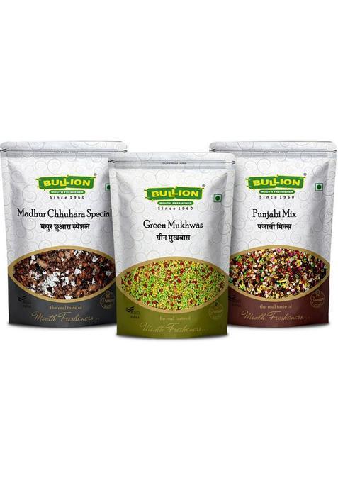 Bullion Premium Mukhwas Combo – Green, Punjabi Mix & Chhuara | 3X100G (300G) Mint, Rose, Floral Mouth Freshener&nbsp;&nbsp;(3 X 100 G)