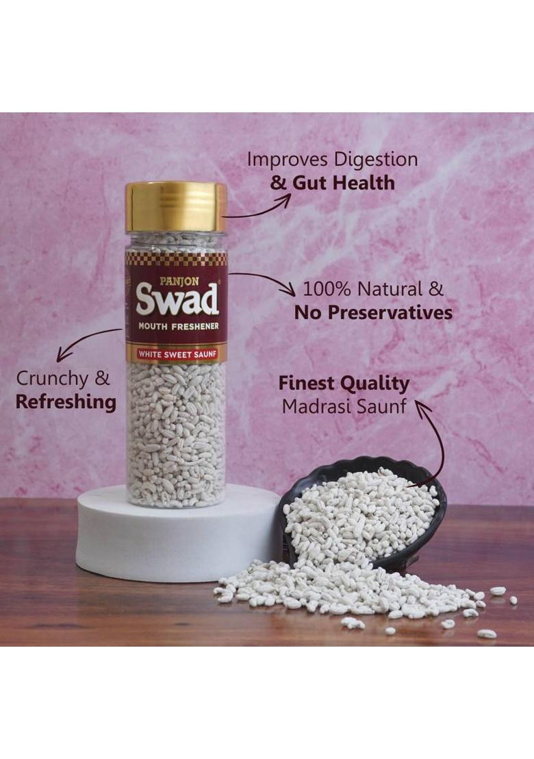 Swad White Sweet Saunf Chennai Mind Mukhwas Mouth Freshener (100% Natural & Digestive), 2 Bottles, 240G White Sweet Saunf Chennai Mind Mukhwas Mouth Freshener (100% Natural & Digestive) Mouth Freshener (2 X 120 G)