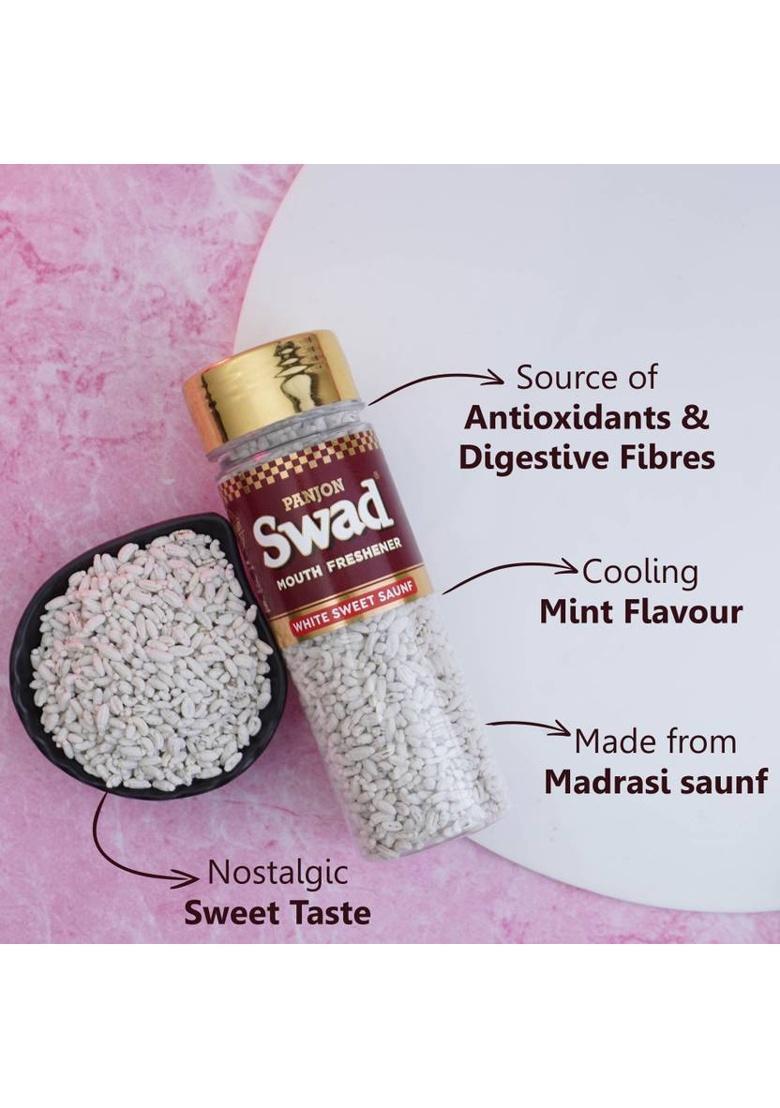 Swad White Sweet Saunf Chennai Mind Mukhwas Mouth Freshener (100% Natural & Digestive), 2 Bottles, 240G White Sweet Saunf Chennai Mind Mukhwas Mouth Freshener (100% Natural & Digestive) Mouth Freshener (2 X 120 G)