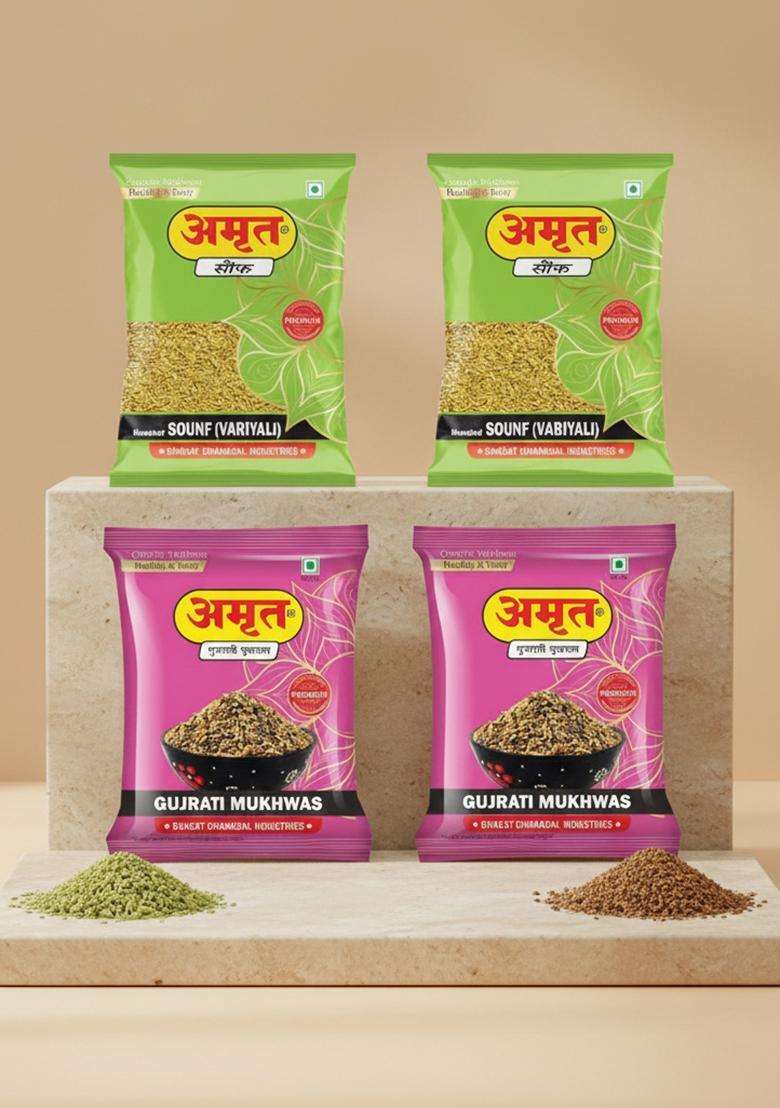 Amrut Roasted Saunf & Gujarati Mukhwas Traditional Indian Mouth Freshener Combo Mouth Freshener (4 X 200 G)