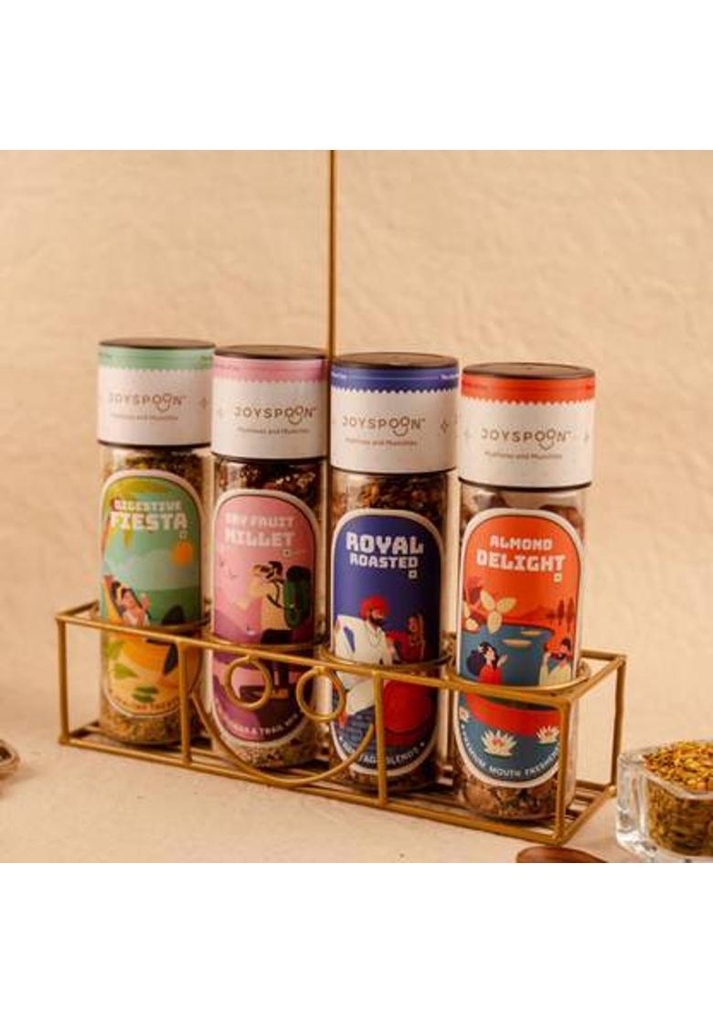 Joyspoon Traditional Combo Traditional Multi Flavours Mukhwas Mukhwas Almond Delight, Royal Roasted, Digestive Fiesta, And Dry Fruit Millet Mouth Freshener (4 X 100 G)