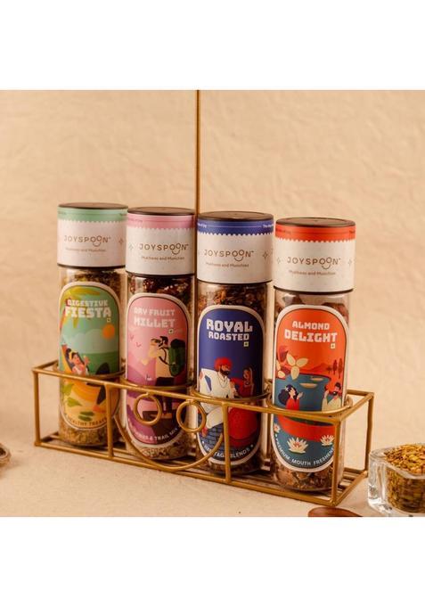 Joyspoon Traditional Combo Traditional Multi Flavours Mukhwas Mukhwas Almond Delight, Royal Roasted, Digestive Fiesta, And Dry Fruit Millet Mouth Freshener (4 X 100 G)