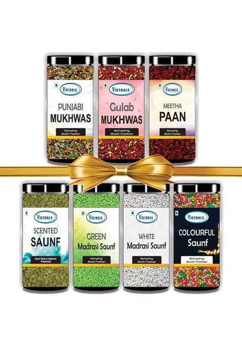 Victuals Combo Of 7 Mukhwas Saunf, Colored Saunf, White Saunf, Green Saunf, Gulab Mukhwas, Punjabi Mukhwas, Meetha Paan Mouth Freshener&nbsp;&nbsp;(7 X 100 G)
