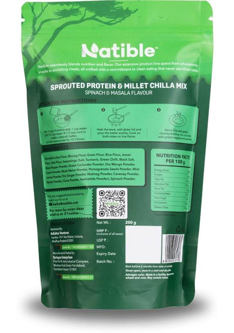 Natible Sprouted Protein &Sprouted Millet Chilla Dosa Mix Spinach & Masala Flavour 200 G