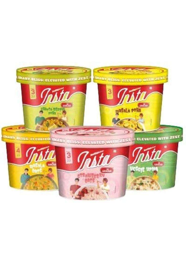 Insta Ahaar Trial Pack Of Masala Poha, Khatta Meetha Poha, Upma, Strawbery Oats, Masala Oats 350 G&nbsp;&nbsp;(Pack Of 5) - Indya