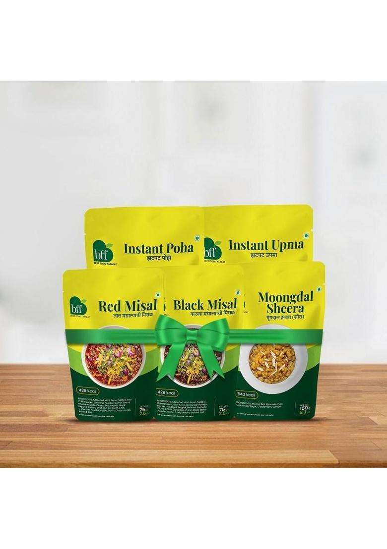 Bff The Masala Morning Combo | Poha, Upma, Red Misal, Black Misal, Moong Dal Sheera&nbsp;&nbsp;(480 G) - Indya