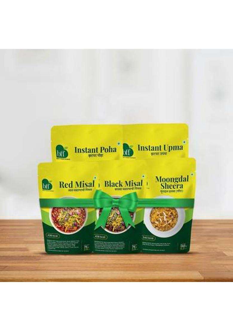 Bff The Masala Morning Combo | Poha, Upma, Red Misal, Black Misal, Moong Dal Sheera&nbsp;&nbsp;(480 G) - Indya