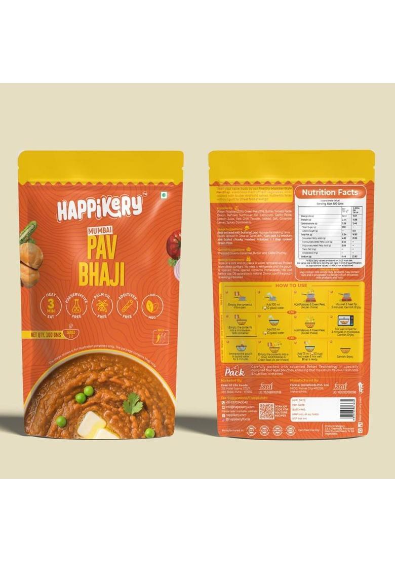 Happikery Ready To Eat Pav Bhaji (Veg-Mix, 1-2 Servings). Ready To Eat In 3 Mins (100 G)