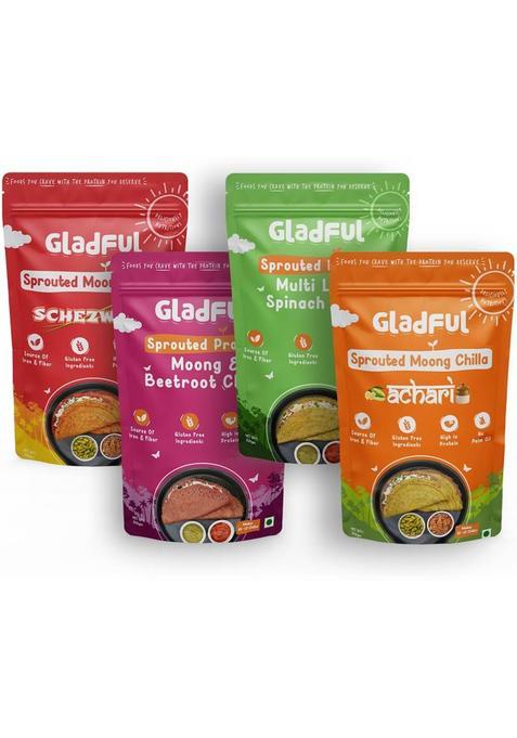 Gladful Sprouted Moong High-Protein Achari, Schezwan, Beetroot, Spinach Chilla/Dosa Mix, 200 G&nbsp;&nbsp;(Pack Of 4)