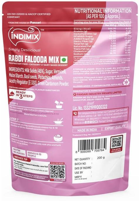 Indimix Instant Ready To Cook Rabdi Faluda Mix | Ready In 3 Steps | Healthy & Tasty 200 G