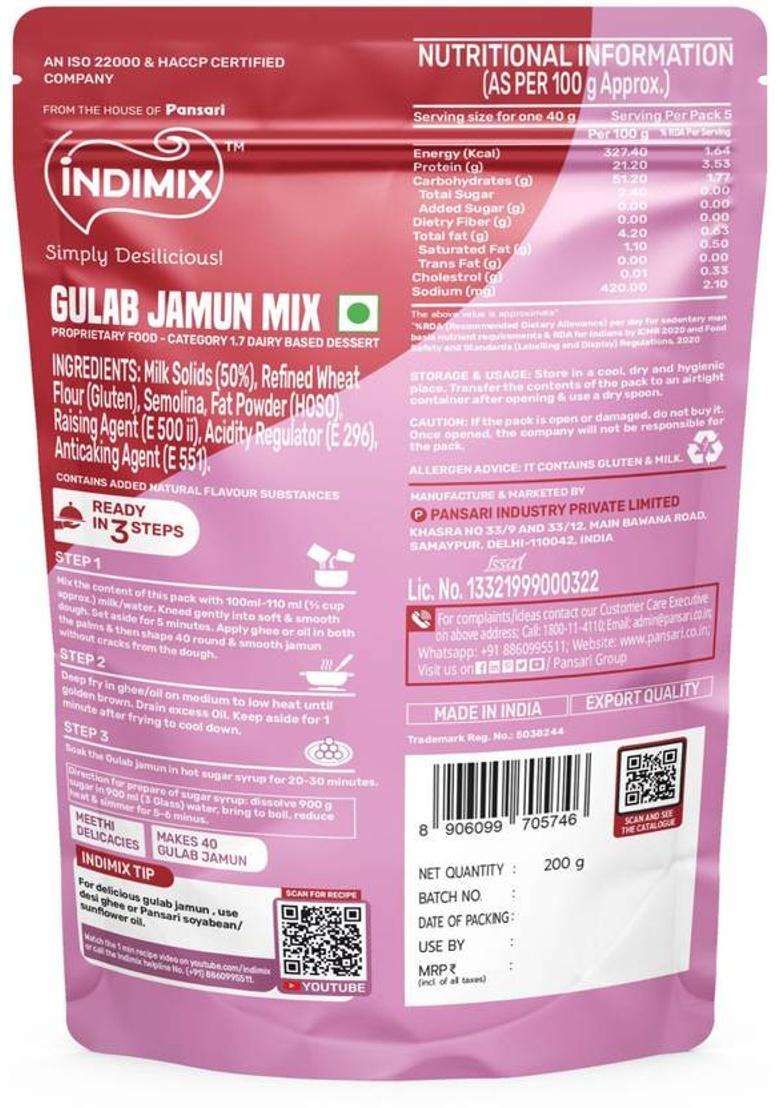 Indimix Instant Ready To Cook Gulab Jamun Mix | Ready In 3 Steps | Healthy & Tasty 200 G - Indya