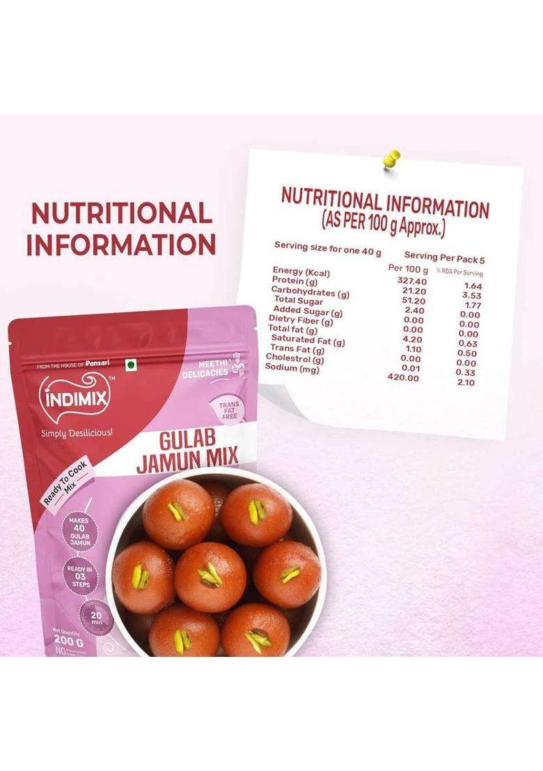 Indimix Instant Ready To Cook Gulab Jamun Mix | Ready In 3 Steps | Healthy & Tasty 200 G - Indya