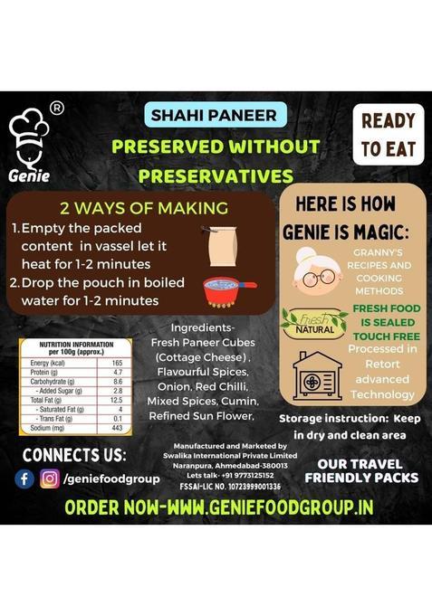Genie Food Ready To Eat Shahi Paneer (300G) | Pure Veg | Heat And Eat 300 G