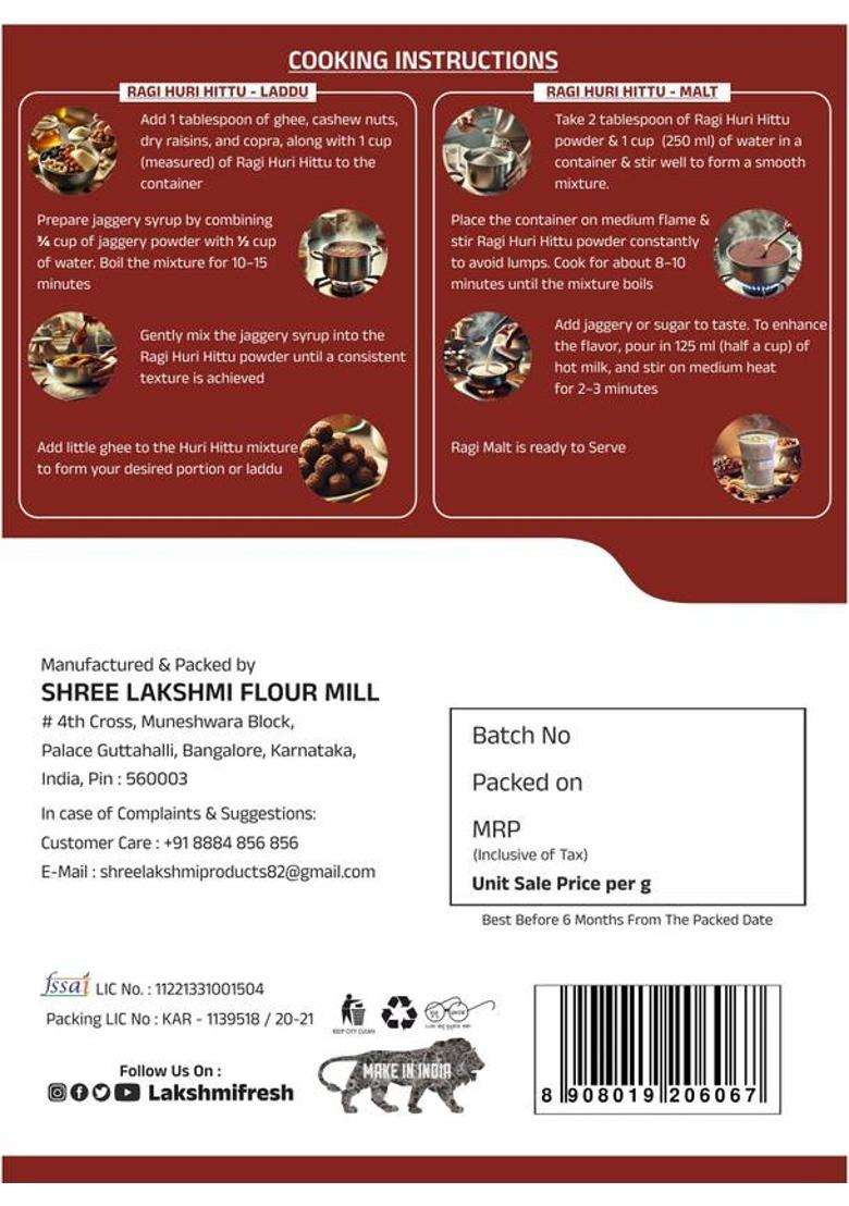 Lakshmi Fresh Ragi Huri Hittu 500G 500 G - Indya