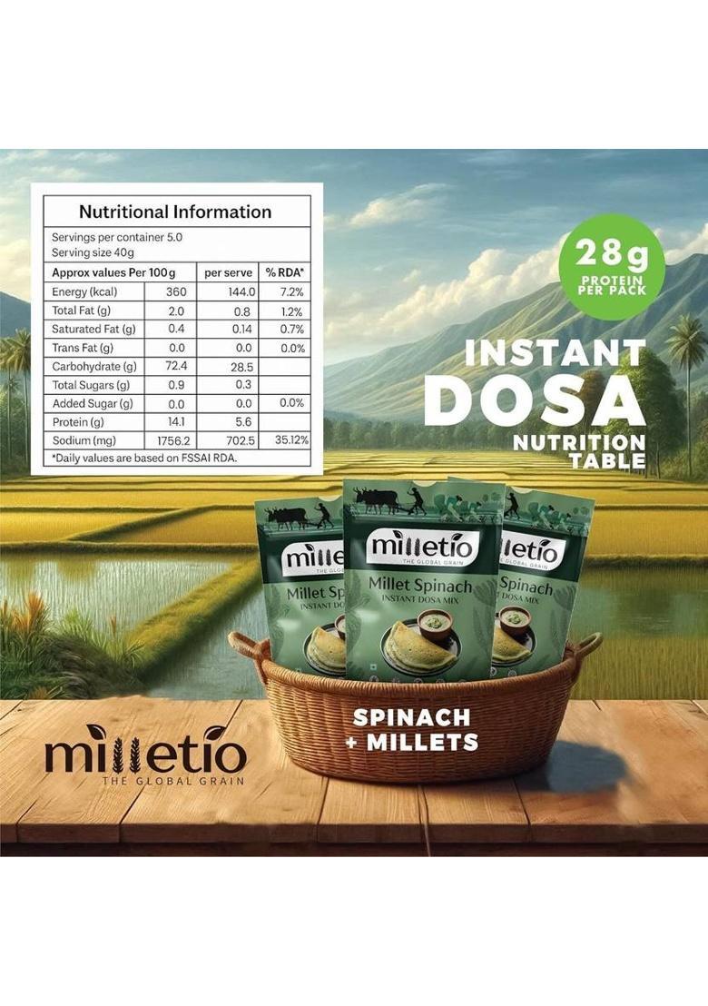 Milletio Instant Spinach Dosa Mix 28.2G Protein Millet & Spinach Blend No Maida Set Of 2 (200 G)