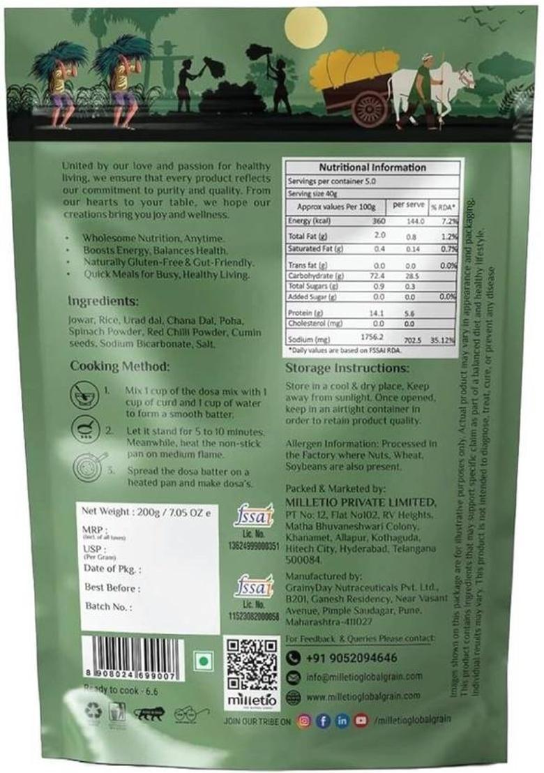Milletio Instant Spinach Dosa Mix 28.2G Protein Millet & Spinach Blend No Maida Set Of 2 (200 G)