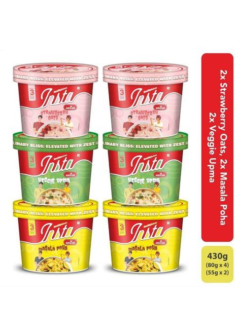 Insta Ahaar Ready-To-Eat (2 Strawberry Oats, 2 Masala Poha, 2 Veggie Upma) 430 G&nbsp;&nbsp;(Pack Of 6)