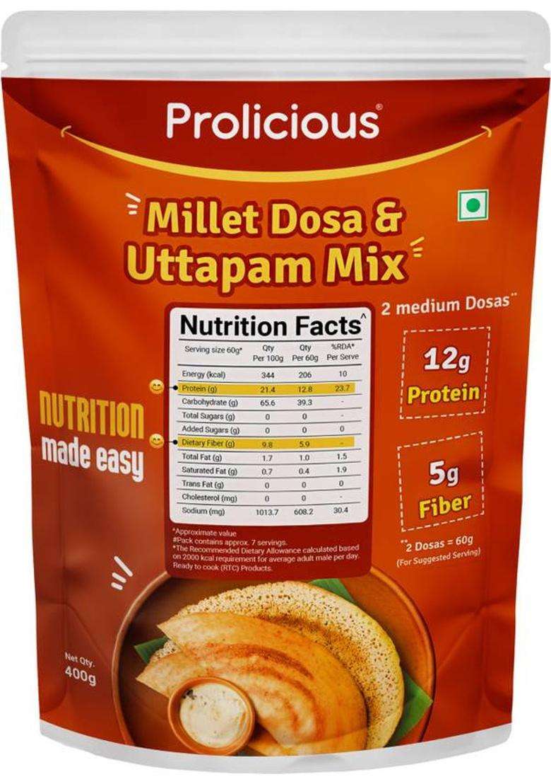 Prolicious Millet Dosa & Uttapam Mix|High Protein & Fiber Breakfast|Kitchen Ingredients�| 400 G - Indya